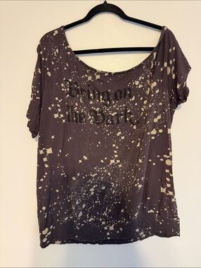 Short Sleeve Black Tee with Cream Splatter and Gothic Chest Print